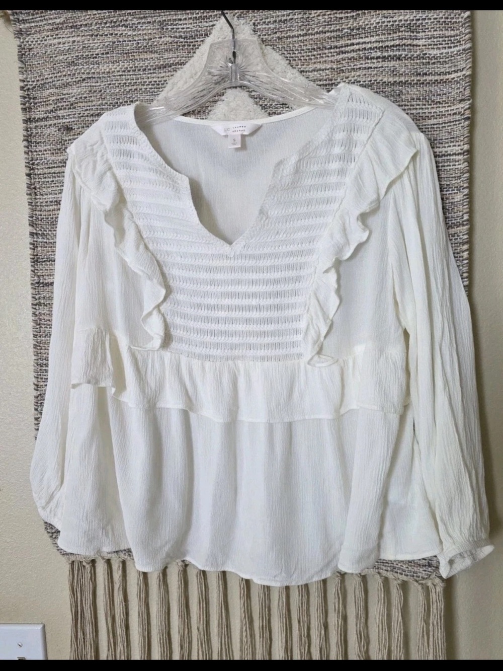 Lauren Conrad LC White Ruffle Smocked Peasant Blouse Boho Long Sleeve Top Size S